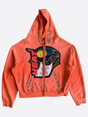 Bossi Orange Rhinestone Miami Heat Graphic Zip Up Hoodie